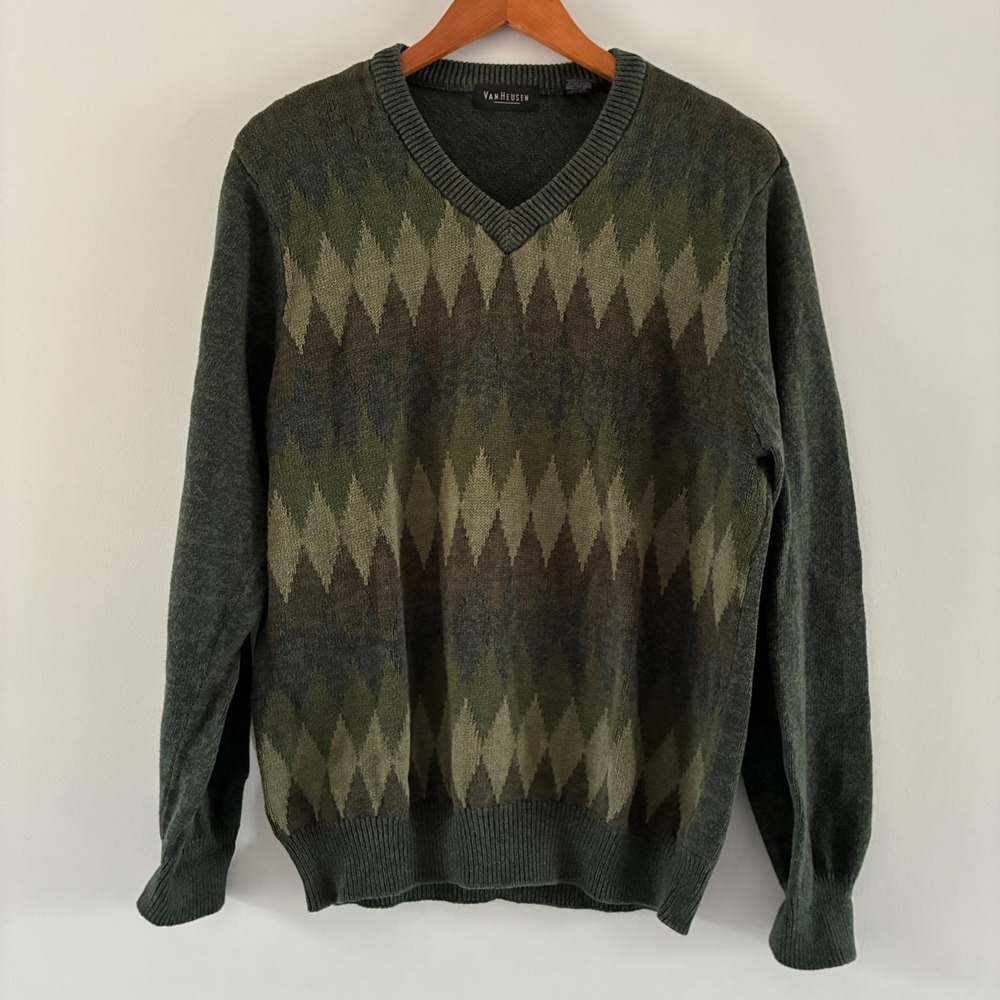 Van Heusen Sweater M Green Argyle V-Neck 100% Cotton Preppy Academia Grandpacore
